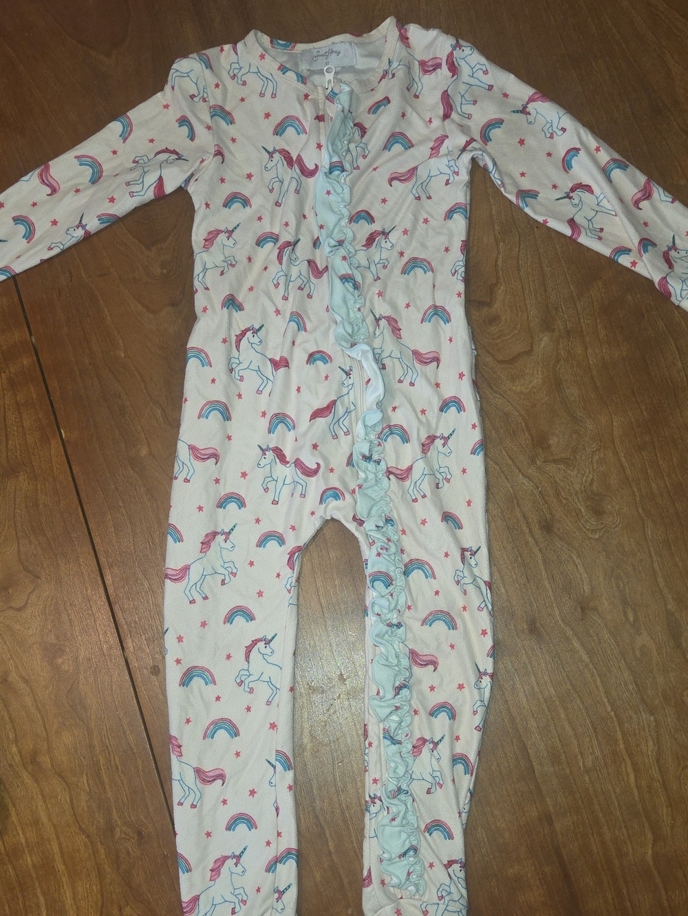 SweetHoney Unicorn Ruffle Footless One-Piece - White with Pink & Blue